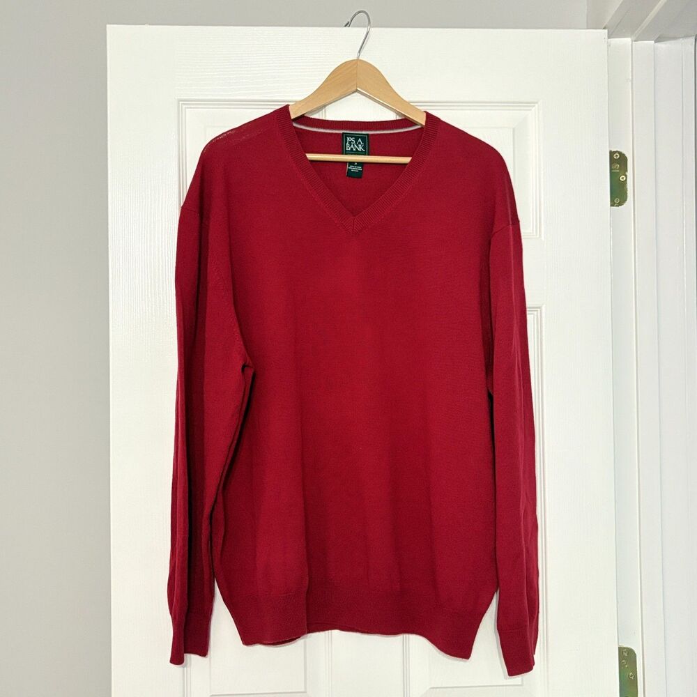 Jos A Bank Sweater Mens 2XL Red Traveler Merino Wool V Neck Pullover Knit